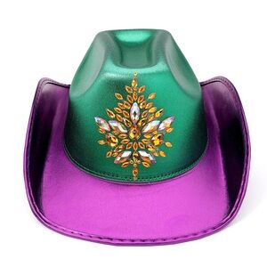 Green & Purple Embellished Marquise Stone Mardi Gras Fedora Cowboy Hat